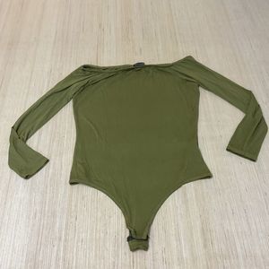Pretty Little Thing Basic Olive Green Slinky Long Sleeve Bodysuit US Size 12